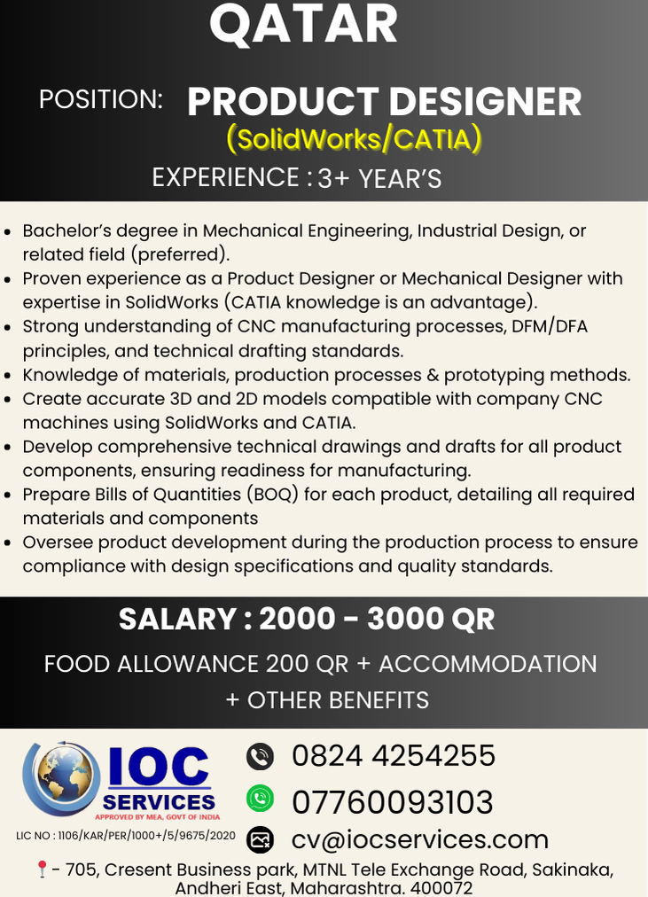 iocsgroup's tweet image. Explore a career as a Product Designer in Qatar with clear growth potential and a dynamic, professional work environment. Apply now to advance your skills.
#ProductDesign
#IndustrialDesign
#SolidWorks
#CATIA
#CADDesign
#3DModeling
#MechanicalDesign
#DesignEngineering