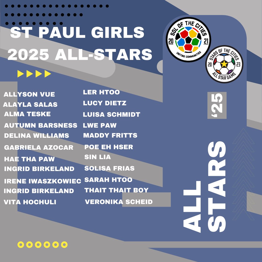 solofthecities's tweet image. The 2025 #Starsofthecities Rosters are here! ⚽️🎓
Top student-athletes from Minneapolis & St. Paul take the field Nov 8 at The Sanneh Dome for a showcase of talent, purpose & community.
🎟️ Tickets drop week of Oct 27
🌐 starsofthecities.com
#SOLofthecities