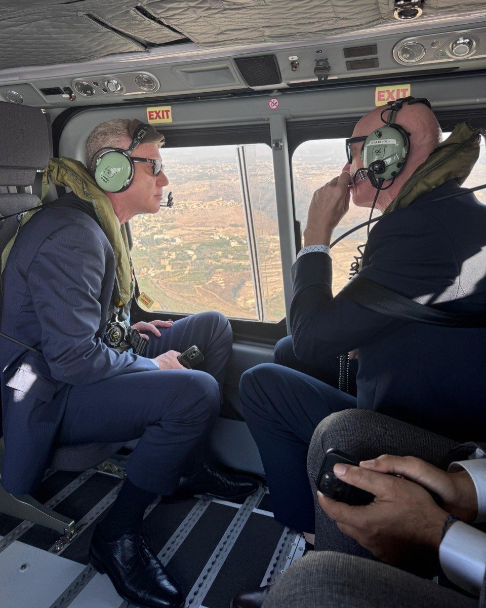 Osint613's tweet image. Lebanese Foreign Minister Youssef Rajji is touring the border with Israel aboard a UNIFIL helicopter.