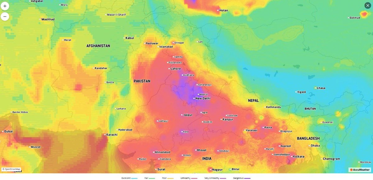 H3O16_'s tweet photo. @92newschannel Accu weather data says it otherwise. Punjab air quality is "unhealthy" but there are other cities in the world, where it is at dangerous levels. Check india https://t.co/ojV3QSF4rN