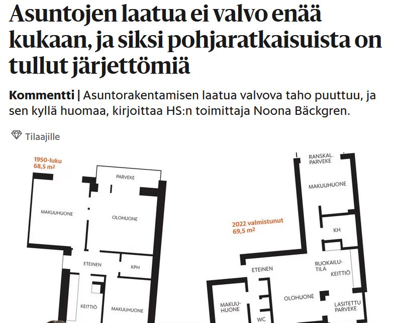 Tuukka Saarimaa (@tsaarimaa) on Twitter photo Ketju Hesarin sääntelyjutusta.
En ole vakuuttunut, että uusien asuntojen pohjaratkaisut ovat huonompia kuin vanhojen.
Mutta oletetaan, että kaikki haluaisivat mieluummin 1950-luvun pohjaratkaisun 2020-luvun pohjaratkaisun sijaan, kun kaikki muut asiat pidetään vakiona. 1/ Ketju Hesarin sääntelyjutusta.
En ole vakuuttunut, että uusien asuntojen pohjaratkaisut ovat huonompia kuin vanhojen.
Mutta oletetaan, että kaikki haluaisivat mieluummin 1950-luvun pohjaratkaisun 2020-luvun pohjaratkaisun sijaan, kun kaikki muut asiat pidetään vakiona. 1/