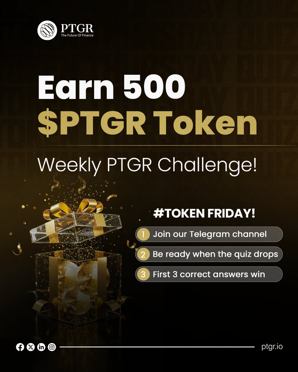 ptgrtoken's tweet photo. Think you’ve mastered the $PTGR Token whitepaper on https://t.co/hDaeaZLJBu?
It’s time to put your knowledge to the test in our #TokenFriday quiz on Telegram!

🏆 Hit 3 wins and claim 500 $PTGR
📊 Every correct answer adds 1 point to your public score consistency wins!
🕒 The Second quiz drops today. Quick minds only.Turn your telegram notification on!
👉 Join the challenge now: https://t.co/A0tAnREpww

#PTGRToken #CryptoQuiz #Web3Community #TokenFriday #PTGRChallenge