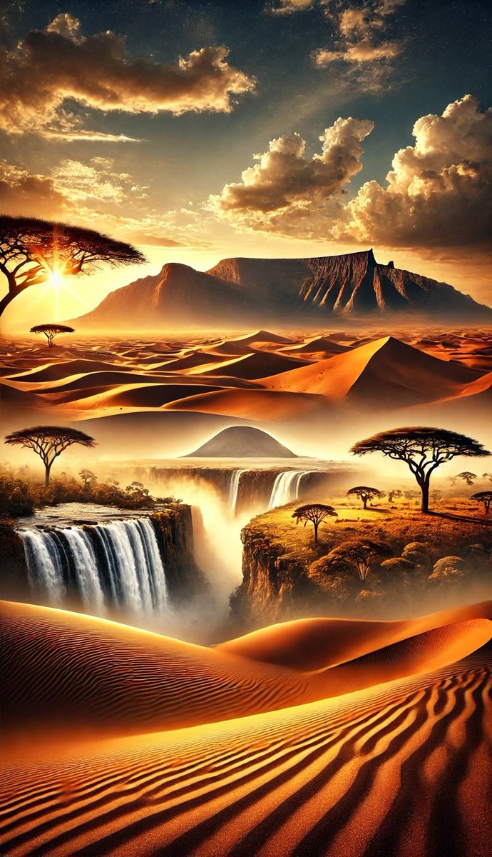 DDruidDesigns's tweet image. &quot;Oasis Beyond Time&quot; — A surreal vision where cascading waterfalls carve life into endless desert dunes, blending fire and water under a golden African sky. #surreallandscapeart