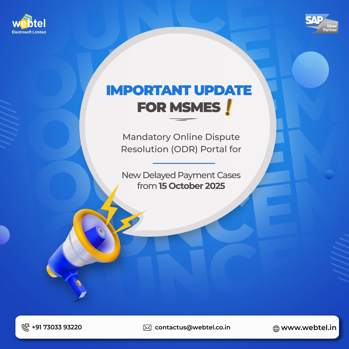 webteldotin's tweet image. ⚡ Attention MSMEs! ⚡

Starting 15 October 2025, all new delayed payment cases must be resolved through the Mandatory Online Dispute Resolution (ODR) Portal.

📖 Also read our latest blog to simplify your tax filings:
👉 webtel.in/Blog/Top-Featu…

#Webtel #MSMEUpdate #ODRPortal