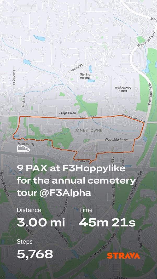 9 PAX at F3Hoppylike for the annual cemetery tour <a href="/F3Alpha/">F3 Alpha</a>

strava.app.link/NtBS4AQXIXb