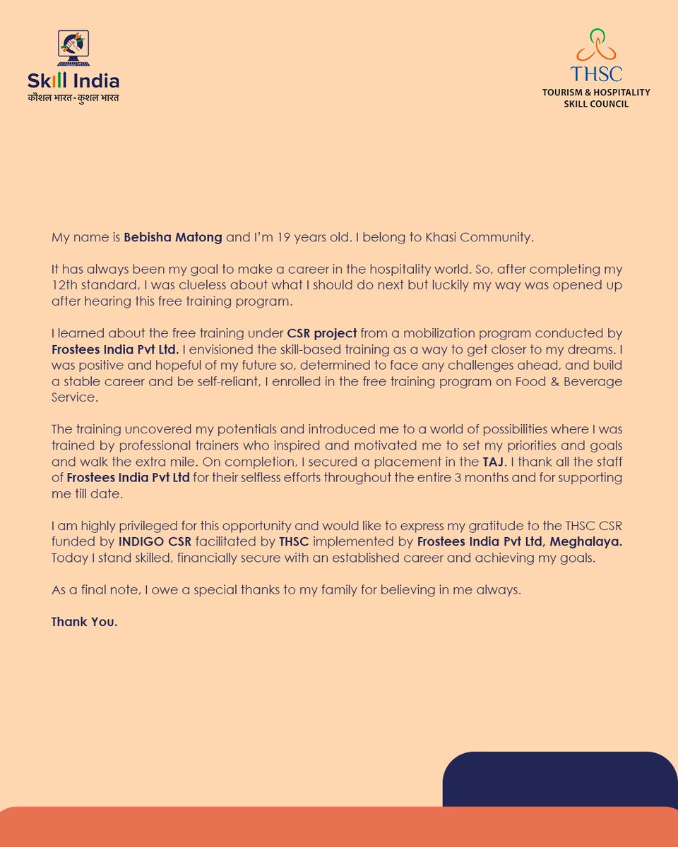 skillthsc's tweet photo. THSC takes immense pride in being a part of the success journey of Bebisha Matong
Scroll ahead to read the complete story!
#MSDE #DGET #DBT #NSDC #GovernmentITI #DeputyDirectorGeneral #thscskillindia #skillcouncil #LearnwithTHSC #Skill4NewIndia #tourism #hospitality https://t.co/AE1YdLTnCe