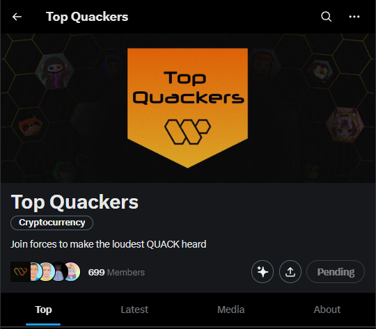 Did you know?

There's an actually Official Top Quackers Community that's administered by <a href="/wallchain/">Wallchain Quacks</a> and moderated by the founders <a href="/kyparus/">yurii | quacks.app</a> and <a href="/max_bevza/">Max Bevza 🦆 Wallchain Quacks</a>.

Why aren't they inviting me, that I don't know. 🤣
I'd be happy to take the 700th spot as the new member, if you'd let me.