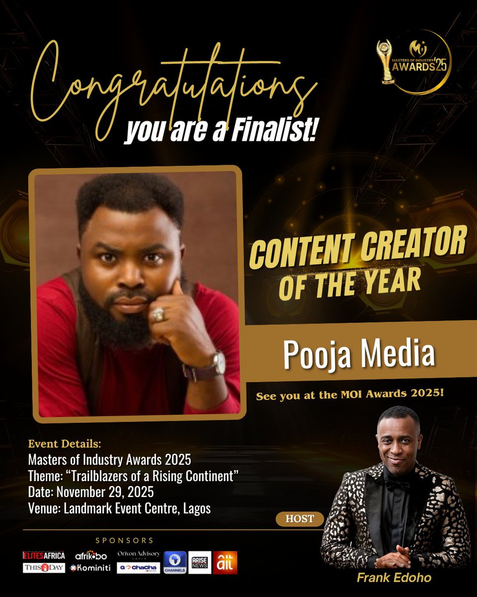 Thanks to all management of Masters of Industry Awards 2025 for this. 

As a boy from Ijebu Ode, I just want to hustle to feed the family &amp; myself but God's plan can't be tweaked. 

I appreciate all Pooja FC, the real owners of the brand for all the engagements &amp; drags. 

Pooja