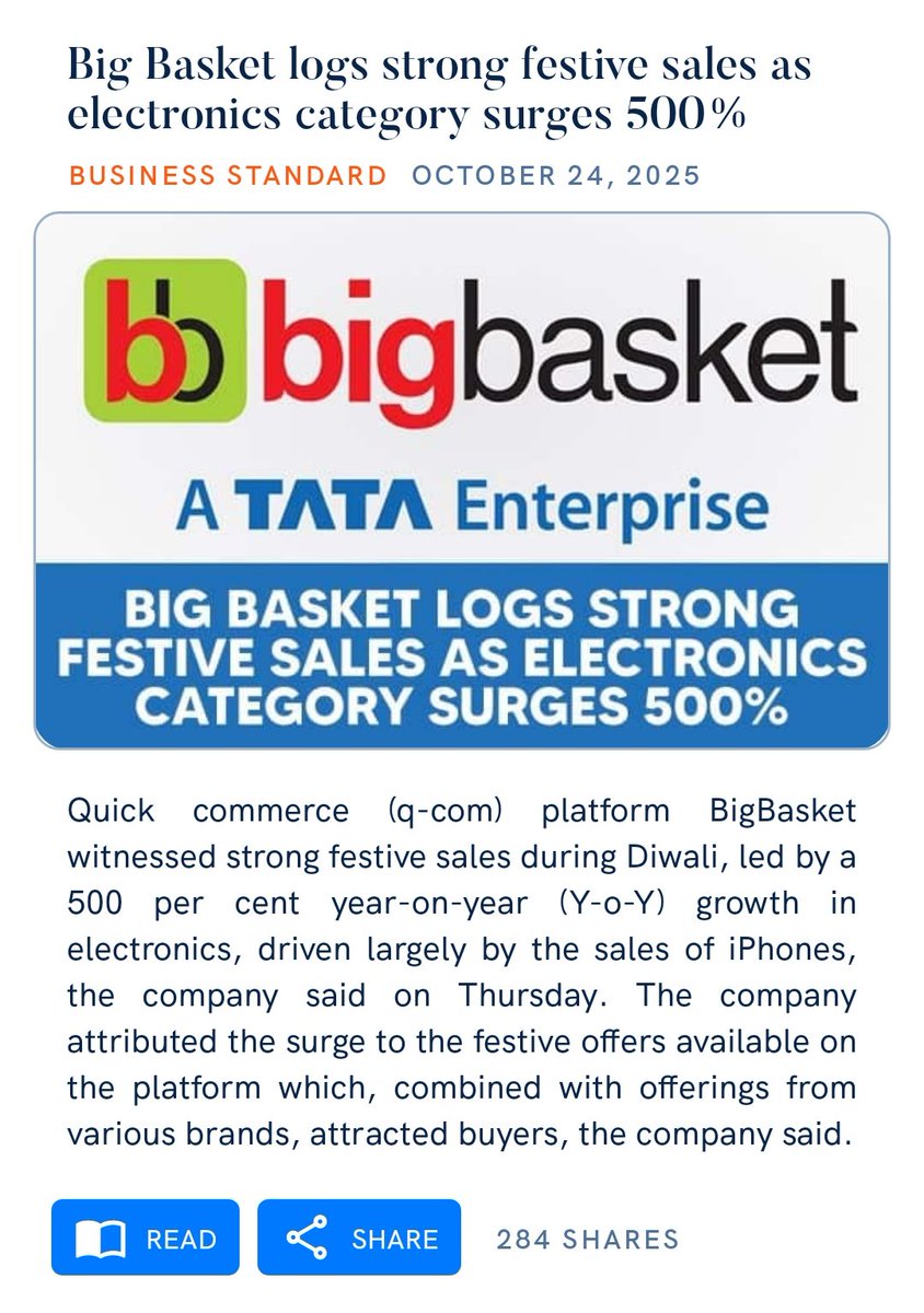 Big Basket logs strong festive sales as electronics category surges 500%
business-standard.com/companies/news…

via NaMo App