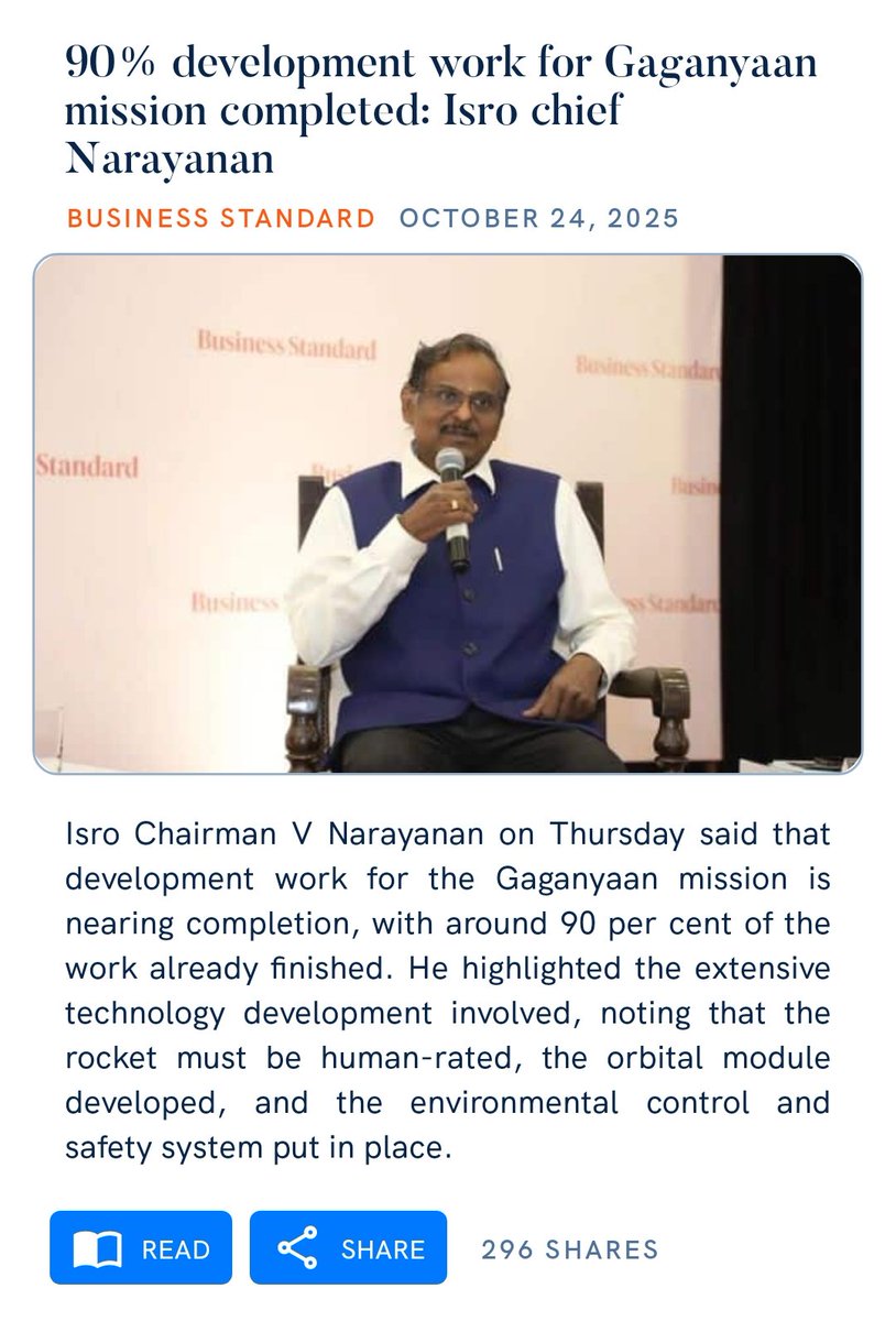 90% development work for Gaganyaan mission completed: Isro chief Narayanan
business-standard.com/india-news/90-…

via NaMo App
