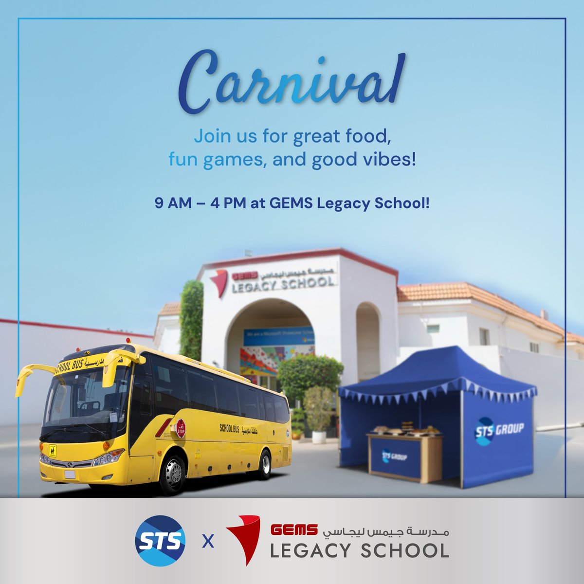 sts_gcc's tweet image. Carnival season is here! 🎡💫
Visit the STS stall at GEMS Legacy School Dubai on 25th October, 9am – 4pm for fun-filled games, exciting surprises, and endless smiles. 💛
Let’s make it a day to remember — safe, happy, and full of joy! 🚍 🎈
#STSGroup #SmartTransport…