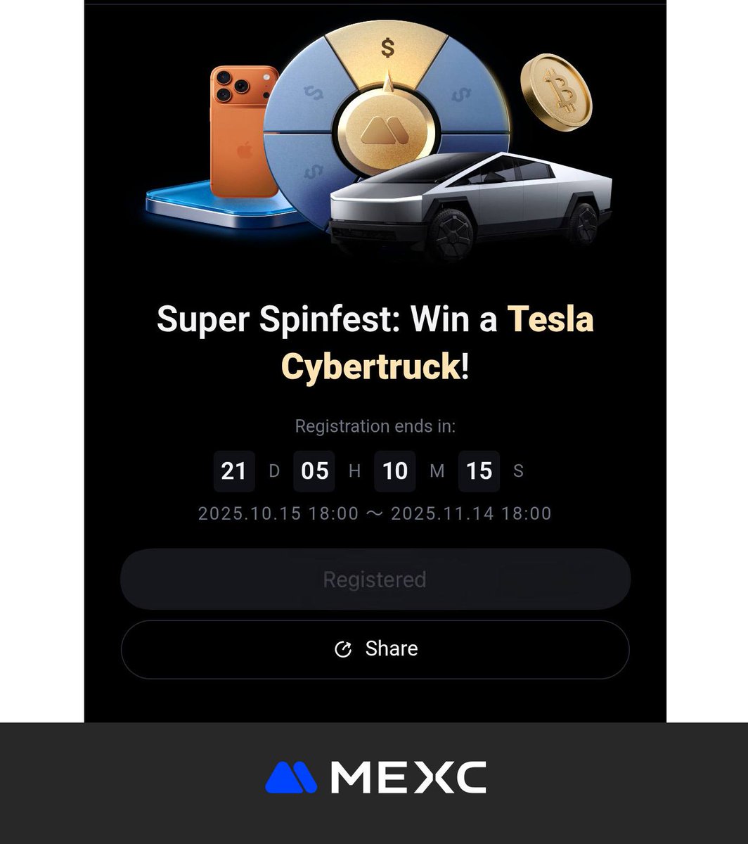 CryptoKing_2020's tweet photo. Youโve got until 14 Nov (UTC) to join the #MEXC #BlueChipBlitz โ $2M prize pool + Tesla Cybertruck through Super Spinfest.
Already registered and it took less than a minute. If youโre a trader, donโt sleep on this.
Zero fees + high reward = free alpha.
๐ https://t.co/Iz4nH4HTwx
#reward #spin #tesla #MEXCFoundation