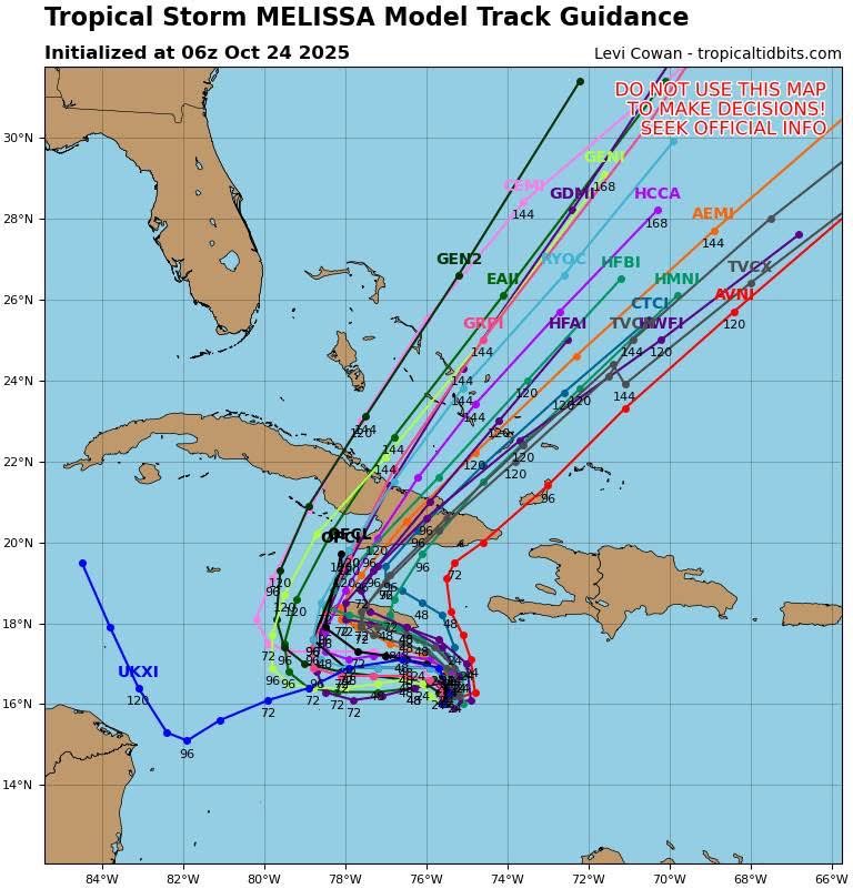 Hola a todos nuestros seguidores y miembros de Somos Cubanos en Francia 🇫🇷 🇨🇺! 
A esta hora prácticamente todos los modelos de pronóstico comienzan a converger en que la Tormenta Tropical Melina 🌀pudiese entrar como Huracán de gran intensidad a la región oriental de #Cuba🇨🇺