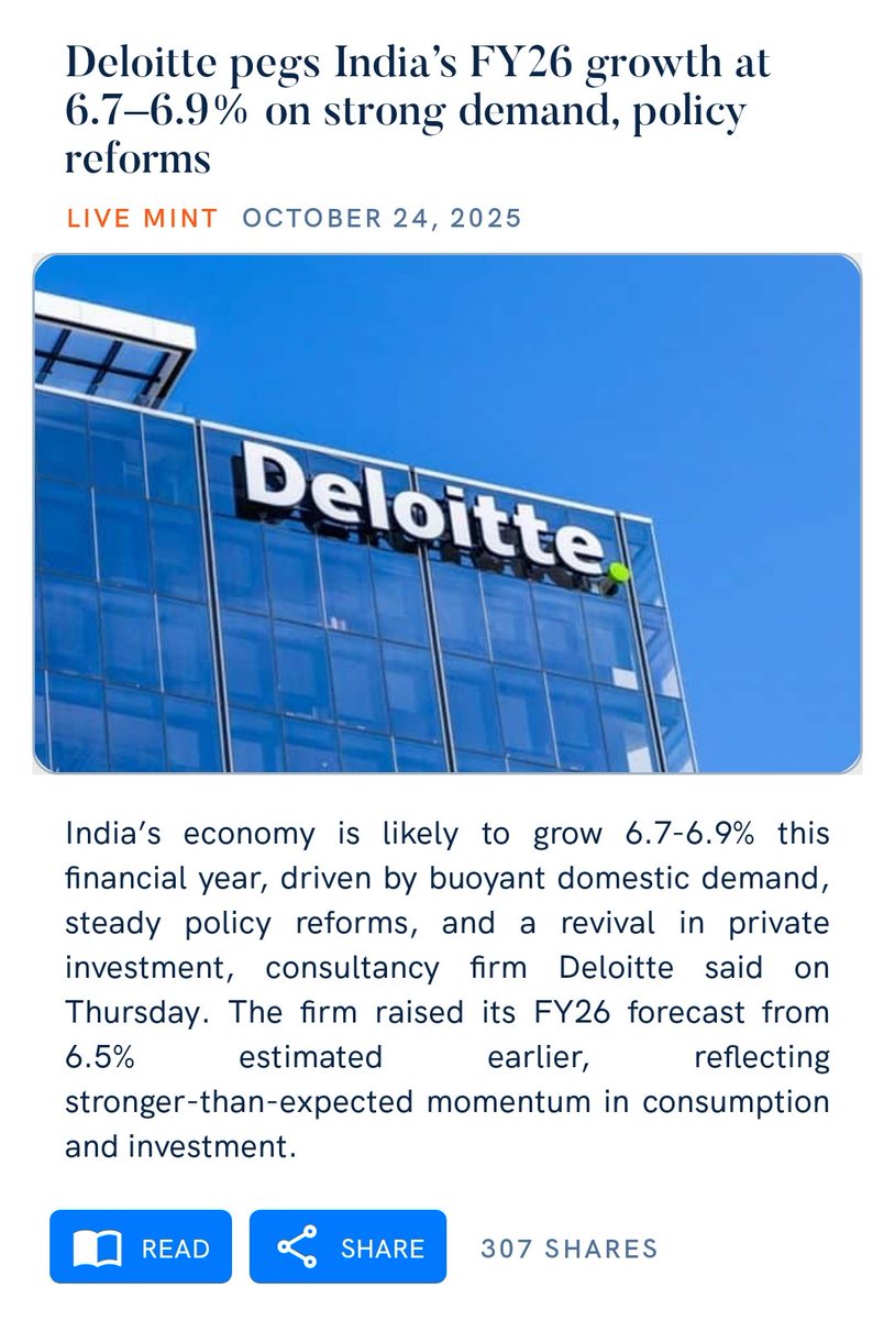 Deloitte pegs India’s FY26 growth at 6.7–6.9% on strong demand, policy reforms
livemint.com/economy/deloit…

via NaMo App