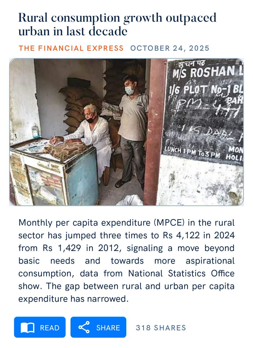 Rural consumption growth outpaced urban in last decade
financialexpress.com/policy/economy…

via NaMo App