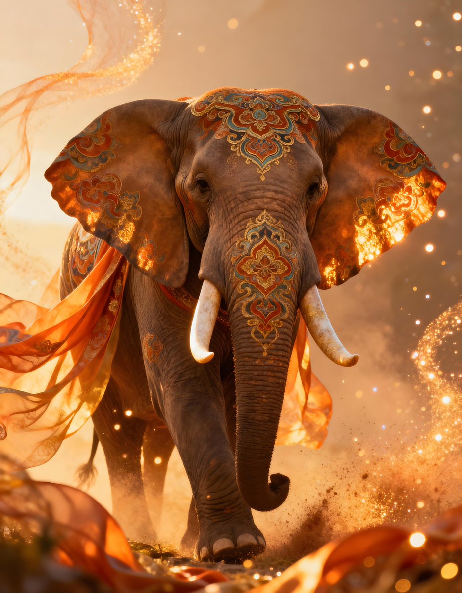 heathergreen's tweet image. #promptshare using Seedream 4 4K from @freepik 
👉A whimsical portrait of a (SUBJECT) illuminated by golden hour lighting, featuring particle effects. The image should incorporate a high-saturation warm palette, blending traditional Eastern elements with Western fantasy styles.