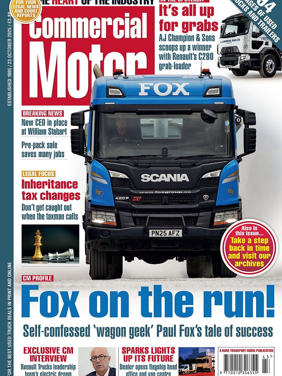 Comm_Motor's tweet image. 🚛 OUT NOW: Commercial Motor, 23 Oct 2025!

• Paul Fox – ‘wagon geek’ to success story
• Renault Trucks’ electric future ⚡
• Sparks opens flagship HQ &amp;amp; van centre
• Inheritance tax changes – stay informed

👉 Subscribe: account.commercialmotor.com/subscribe

#CommercialMotor