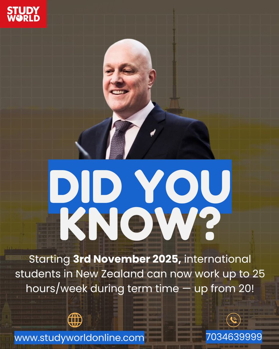 studyworld11841's tweet image. 🎓 Big news 🇳🇿

Starting Nov 3, 2025, you can now work up to 25 hours/week while studying in New Zealand .

#studyworld #StudyAbroad #NewZealandEducation #StudyInNZ #WorkAndStudy #StudentLifeAbroad #StudyVisa #GlobalOpportunities #AbroadEducation
#StudyAbroadGoals