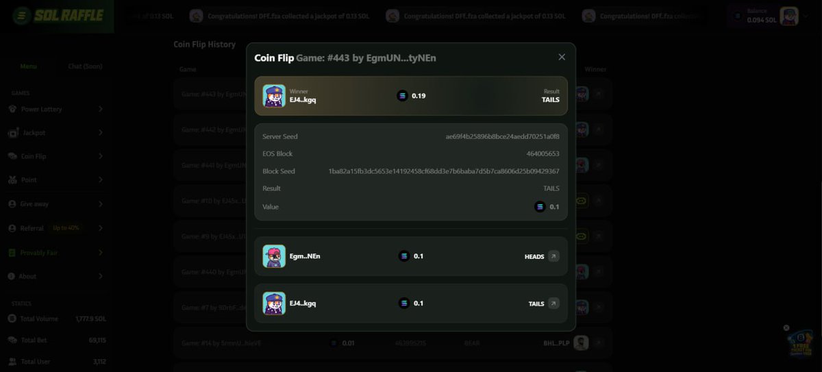 KingJulesPaul's tweet photo. And here's where things got interesting!
After each game, like Jackpot or Coin Flip, players can check the results on a blockchain explorer to confirm they’re truly random and fair.
Every outcome is recorded on-chain, so there’s no room for manipulation.
#SOLRaffle https://t.co/0b24HJCk4o