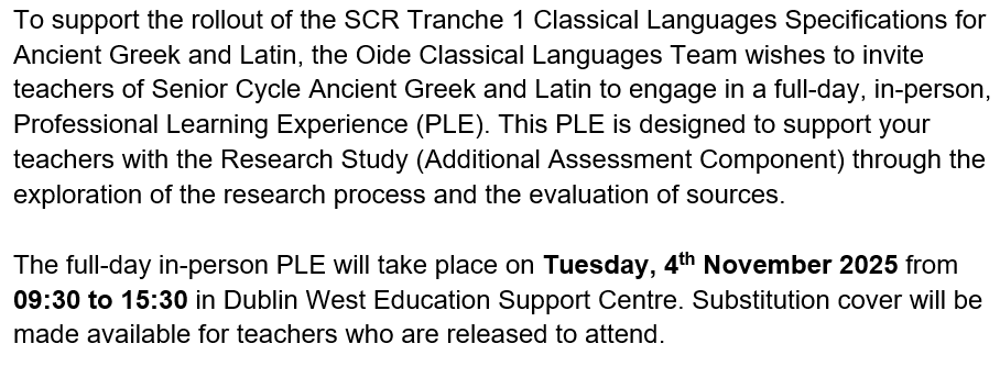 Oide_Classics's tweet photo. Upcoming Classical Languages PLE
Tuesday 4th November Dublin West Education Support Centre. 

Register by clicking the following link. https://t.co/hryYctflIq and search for Oide Classical Languages. https://t.co/KHw6bmKyQw