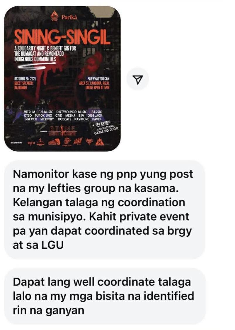 uplbperspective's tweet photo. NEWS UPDATE: Mariing kinundena ng mga progresibong grupo tulad ng Panday Sining Rizal at Anakbayan Rizal ang ginawang paghaharas ng Cardona MPS sa mga tagapagsaayos ng 'Sining-Singil', isang cultural at benefit gig na inoorganisa sa Area 51, Cardona, Rizal.
#NoToRedTagging https://t.co/sLmrBQ46Wb