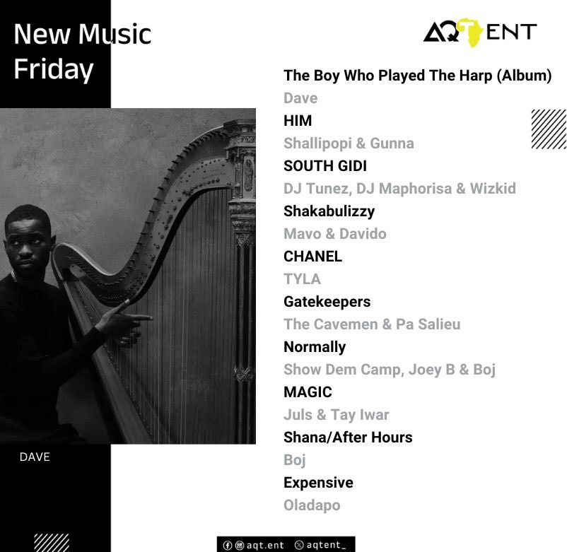 🚨 New Music out now‼️ 

▶️🔗: linktr.ee/aqtent

(1/1) 

Dave - The Boy Who Played The Harp (Album) 
Shallipopi &amp; Gunna - HIM       
DJ TUNEZ, DJ Maphorisa &amp; Wizkid - SOUTH GIDI       
Mavo &amp; Davido - Shakabulizzy (Remix)        
TYLA - CHANEL    
The Cavemen. &amp; Pa Salieu