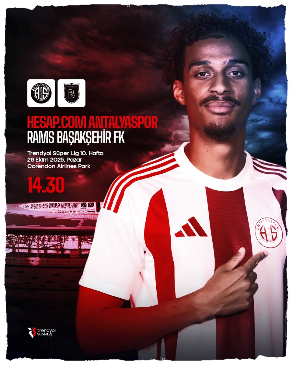 🎯 Hesap.com Antalyasporumuz, 2025-2026 Trendyol Süper Lig Mehmet Ali Yılmaz Sezonu'nun 10. haftasında Rams Başakşehir Futbol Kulübü ile karşılaşacak.

🗓 26 Ekim 2025, Pazar
🏟 Corendon Airlines Park
⏱️ 14.30
👤 Ümit Öztürk
📺 beIN Sports 2

#AkreplerinMaçıVar