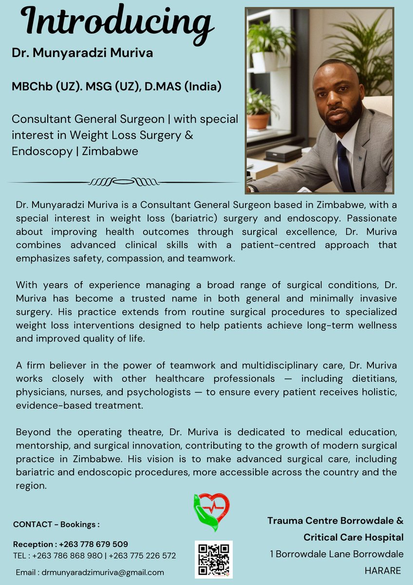 Introducing and welcoming Dr Munya Muriva to the team that is Trauma Centre Borrowdale, Harare, Zimbabwe 🇿🇼🇿🇼🇿🇼🇿🇼
#surgeon #weightlossjourney  #weightloss #weightlossprogram #surgery  #hospital #doctor  #nurses <a href="/doksolanki/">Dr Vivek Solanki 🇷🇸</a>  #Zimbabwe #harare #endoscopy #generalsurgeon #theatre