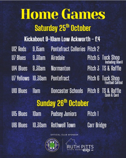 Ackworth_Jnrs's tweet image. ⚽️This Week’s Home Games!   Come down, cheer loud, and support your grassroots heroes. We’ll see you there! 🙌 #AckworthJuniors #MatchDayReady #SupportLocalSport #grassrootsfootball
