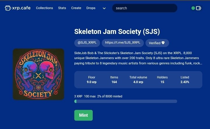de_etfboy's tweet image. The Skeleton Jam Society (SJS) is taking over the XRPL 🧠💀
8,000 unique Jammers. 200+ traits. 8 ultra rares.
Built on one of the fastest, greenest blockchains — XRPL 🌊
🎟️ Mint live now on xrp.cafe/collection/sjs…
Join the movement. Jam with the Skellies ⚡
#SJS #XRPL…
