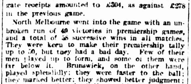 North Melbourne won 49 consecutive premiership season matches between 1914-1919 VFA seasons (1916-17 seasons abandoned).

It won 58 consecutive matches in this time if including non-premiership games: trove.nla.gov.au/newspaper/page…