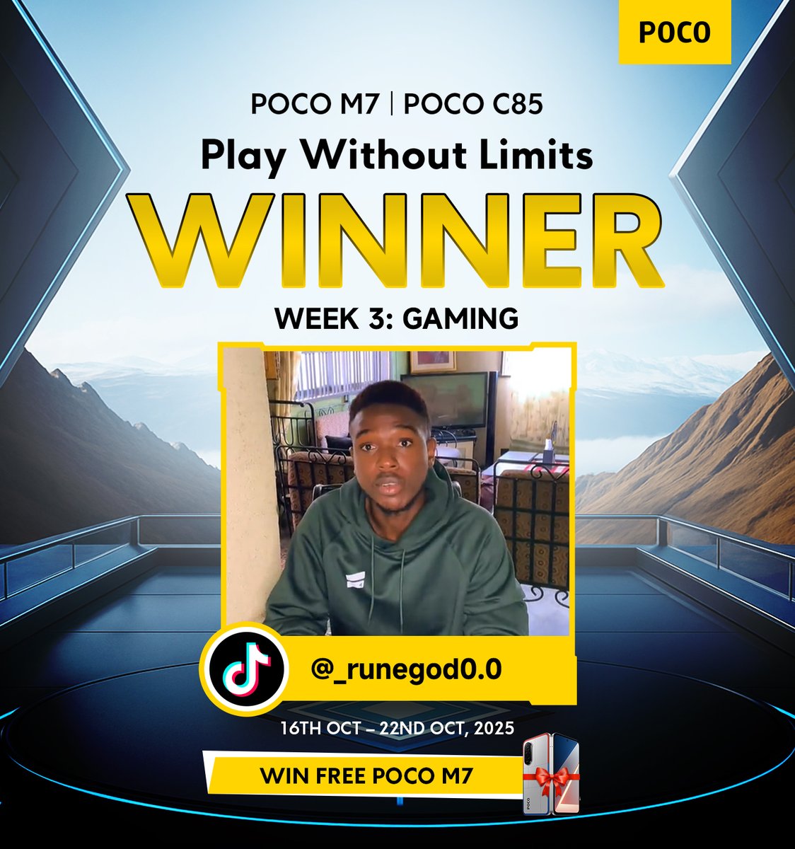 PocoNigeria's tweet photo. Let's give it up to the Week 3 #PlayWithoutLimits #POCOGaming Challenge winner from TikTok.
You have won yourself a POCO M7 smartphone. Kindly send a DM to claim your prize.
You can still win in the week 4 challenge that is on already, hurry and lets see your #POCOLifestyleEnergy https://t.co/0cmMFgH25r