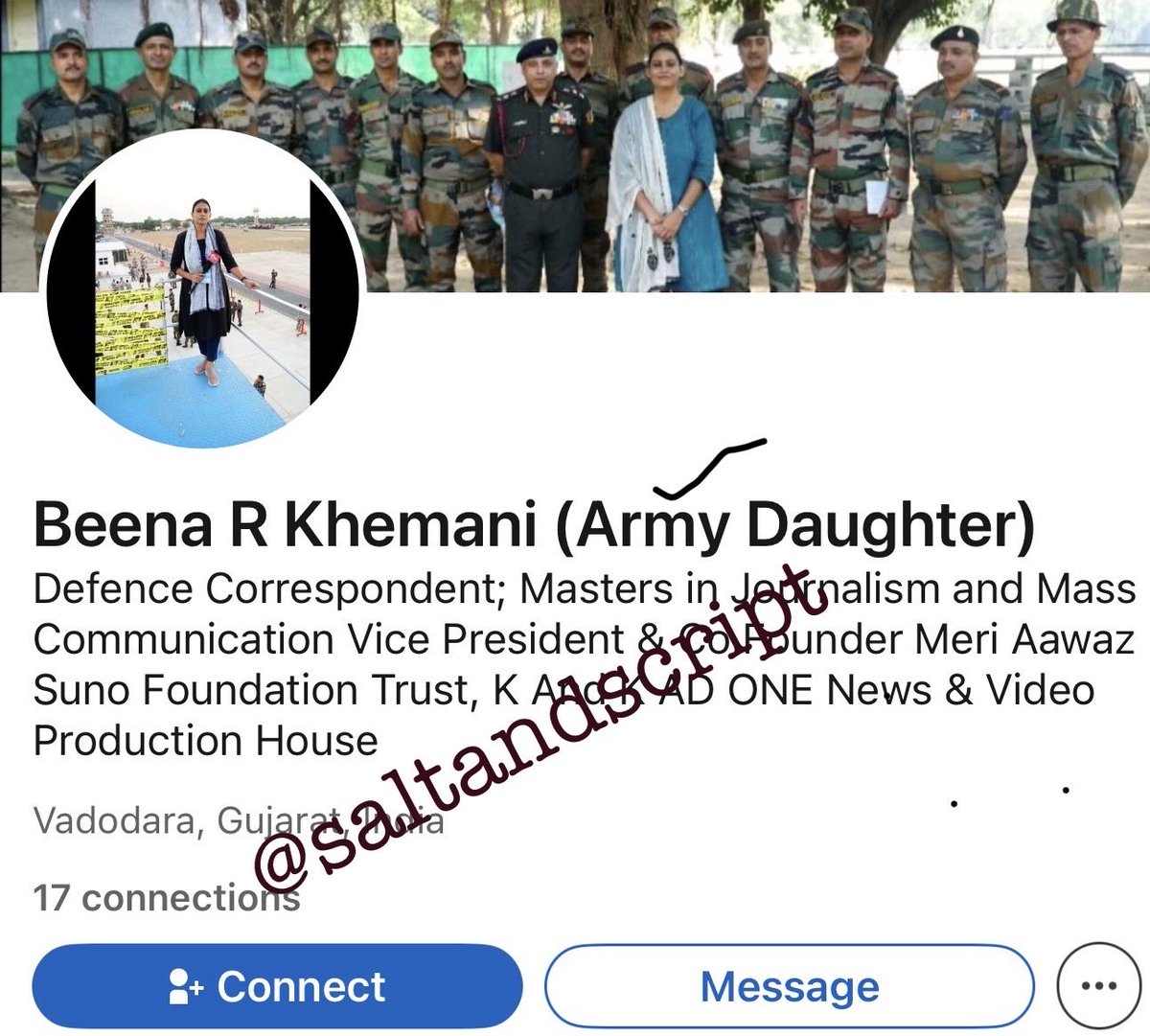 SaltAndScript's tweet image. Beena Khemani is a defence journalist who works at TNN News Vadodara, Gujarat and has built a career turning propaganda into news. She comes from a blue blooded military family. 

Wg Cdr Abhishek Tiwari, DPRO Gujarat, sits beside her, telling her what to say, what to hide, and…