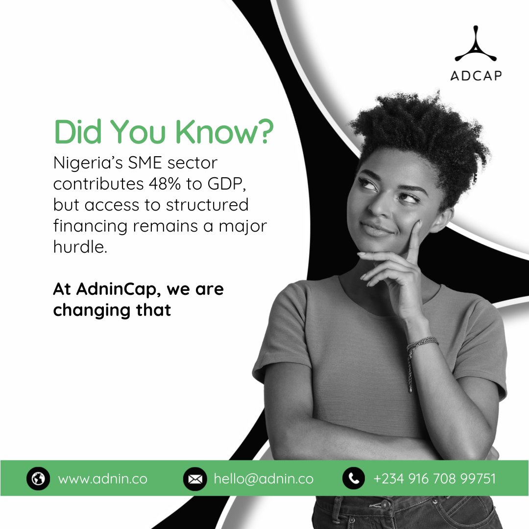 Adnincap's tweet photo. Nigerian SMEs contribute nearly 48% of the nation’s GDP and make up 96% of all businesses, yet access to financing remains one of their biggest challenges?
At AdninCap, we’re making business funding smarter, faster, and more accessible.

#AdninCap #SMEFunding #InvestInNigeria https://t.co/lJxFfgyZuz