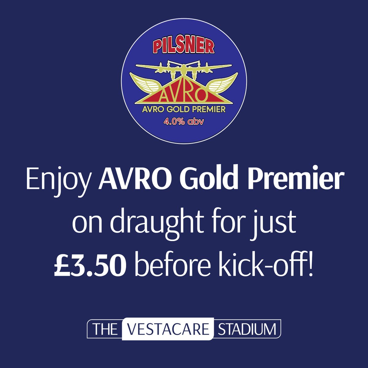 VestacareStadia's tweet photo. 🙌MATCH DAY⚽️- @AvroFC vs @StalyCelticFC 
⚽️KO 3pm
🎟️Adults £10 | Concs £7 | U21 £6 | U16 £3 | U8 FREE*
🍔The Hangar opens 9am 🍻£3.50 a pint at the bar. 
FREE 🌭&amp; 🥤 for all @AvroFCJuniors in kit who attend the game. 🆓🅿️
#Matchday #Avro https://t.co/40C1ZQje9P