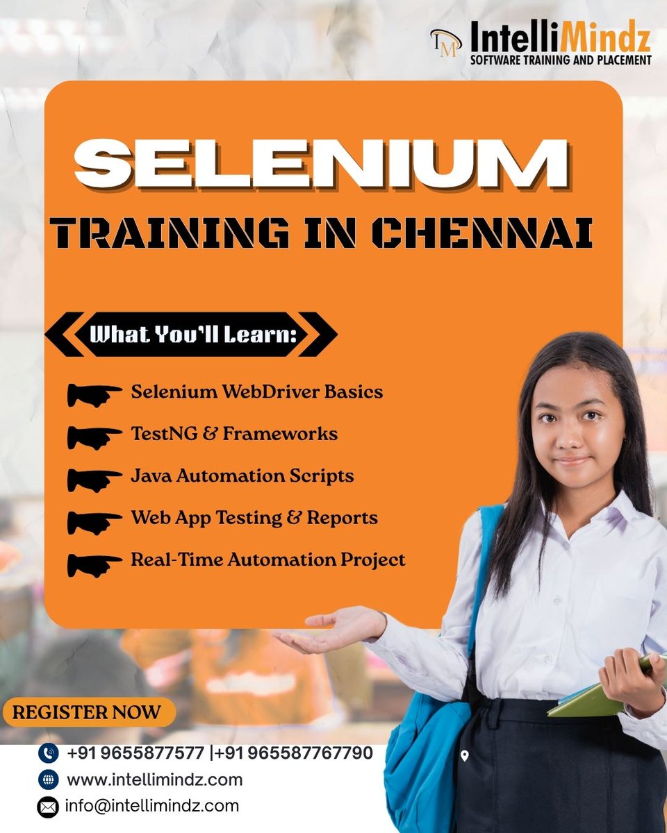 RojamaniI38048's tweet image. Master Selenium Automation Testing in Chennai!
Gain hands-on experience .Start your journey toward a successful testing career today
📞+91 9655877677 |✉️ info@intellimindz.com
🌐 intellimindz.com
#SeleniumTraining #AutomationTesting #TestingTools #Chennai #IntelliMindz