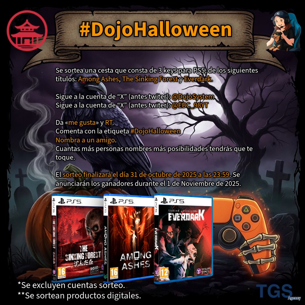 SORTEO de 3 claves para PS5 de los juegos que aparecen en la imagen 🔥

Válido hasta el 31/10⏳

Requisitos para participar:

✅ Seguir a <a href="/DojoSystem/">Dojo System-EVERDARK WISHLIST🩸</a> y <a href="/EBC_98YT/">Elena</a> 

✅ Dar me gusta ❤️ y retweet 🔁

✅ Comenta con #DojoHalloween  

✅ Menciona a un/a amigo/a.

¡Suerte!