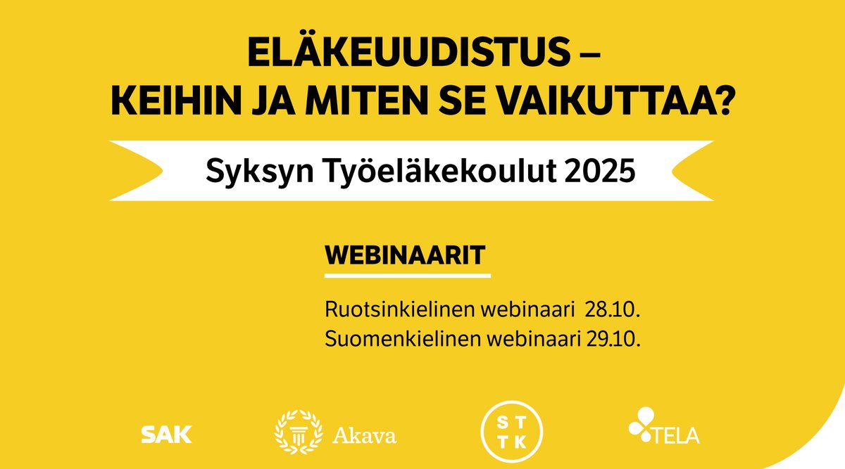 Vielä ehdit mukaan maksuttomiin syksyn Työeläkekoulu-webinaareihin, joko suomeksi tai ruotsiksi!

Lämpimästi tervetuloa mukaan kaikki ammattiliittojen luottamus- ja toimihenkilöt, hallinnon jäsenet ja aktiivit.

tela.fi/ajankohtaista/…