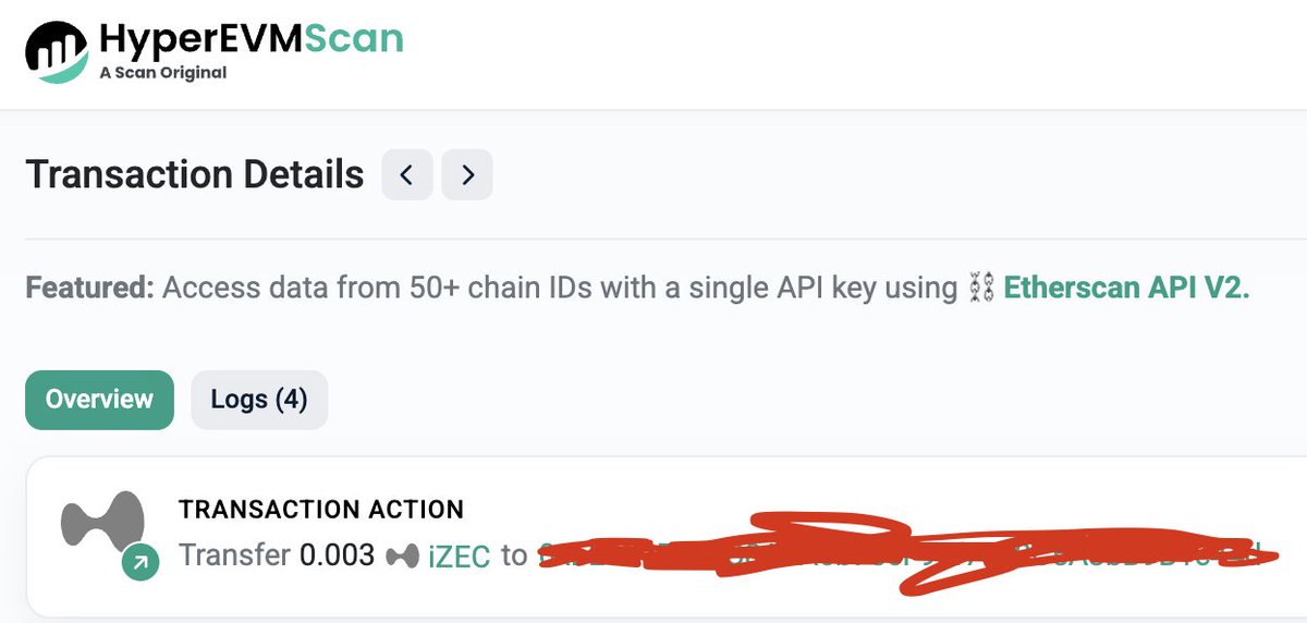 iZEC 거래 전송을 보여주는 HyperEVMScan 스크린샷