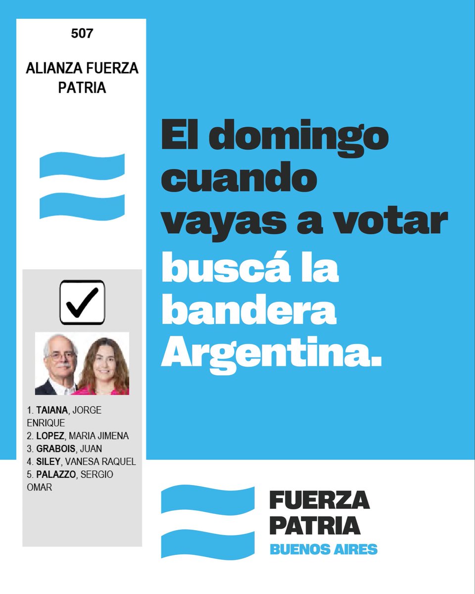 Este domingo elegimos diputados y senadores para defender a las familias argentinas y a nuestra Patria. Que esta elección sirva para mandar un mensaje contundente y ponerle un freno a Milei y a la entrega de nuestra soberanía.