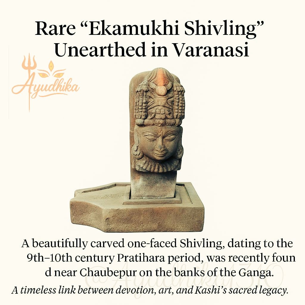 Āyudhika (@ayudhika1310) on Twitter photo A rare Ekamukhi Shivling was discovered near Chaubepur, ~20 km from Varanasi, during a cremation. BHU’s Prof. Gyaneshwar Chaubey & locals found it on Ganga’s northern bank. Experts date it to the 9th–10th century Gurjara–Pratihara era.
A lost Shiva temple calling? 🥹 A rare Ekamukhi Shivling was discovered near Chaubepur, ~20 km from Varanasi, during a cremation. BHU’s Prof. Gyaneshwar Chaubey & locals found it on Ganga’s northern bank. Experts date it to the 9th–10th century Gurjara–Pratihara era.
A lost Shiva temple calling? 🥹