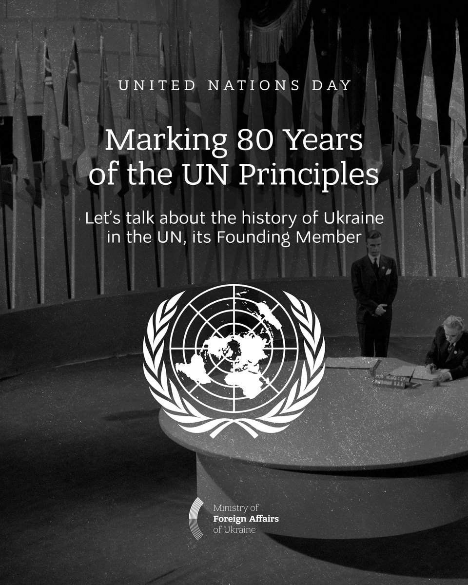 #UNDay

🇺🇦🇺🇳 Ukraine is proud to be among the Founding Members of the United Nations. 

In 1945, the Ukrainian delegation signed the <a href="/UN/">United Nations</a> Charter in San Francisco and led the drafting of its Preamble and core Purposes and Principles. 

Ukraine’s signature stands beside 50 other