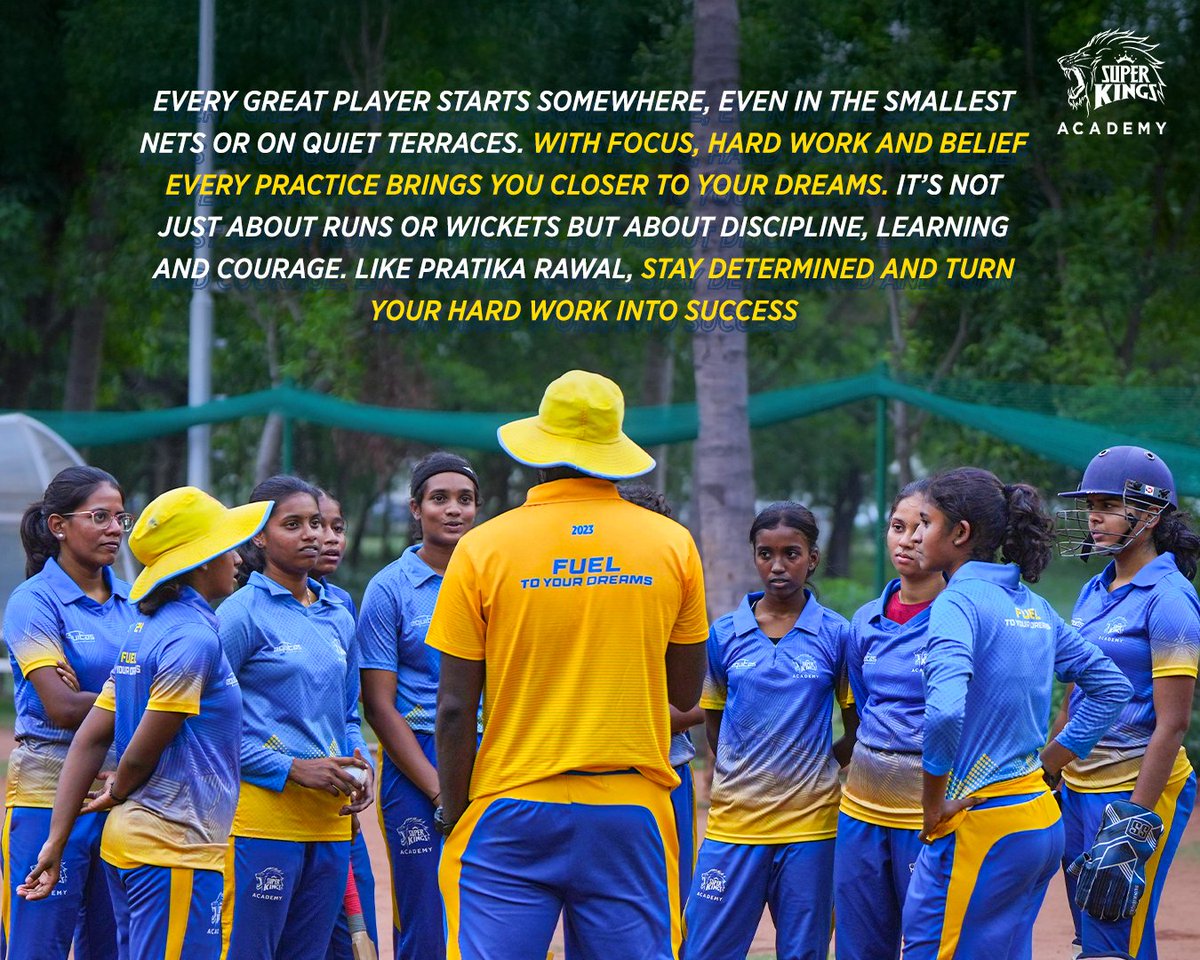 From humble beginnings to shining on the biggest stage Pratika Rawal’s journey is an inspiration for every young cricketer chasing their dream 💪

#SuperKingsAcademy 🏏
#TrainLikeASuperKing 🦁 #PratikaRawal #WomenCricket #InspiringStories
