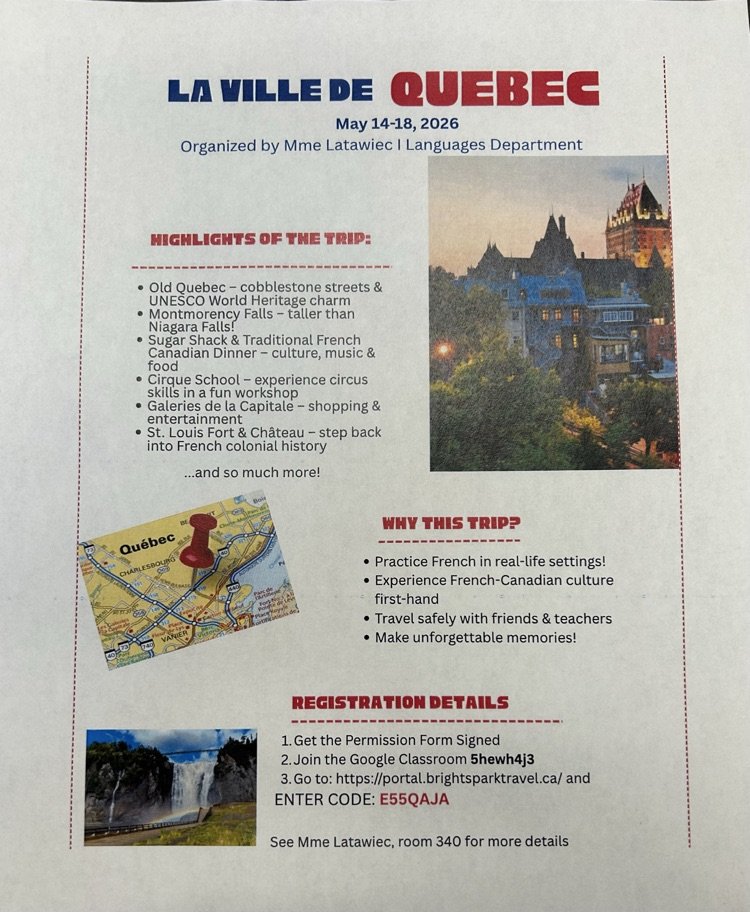 Vikings! Do you love to travel? Want to experience history &amp; culture come together in real life? Check out these two amazing travel opportunities: Quebec City May 2026 &amp; Europe 2027 visiting Paris, Amsterdam, Belgium, and Vimy Ridge. Don't miss your chance to learn away for home!