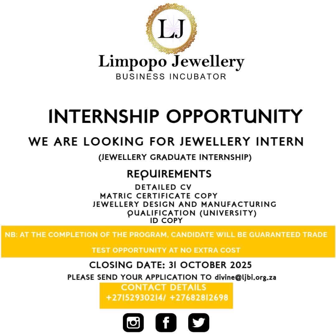 LimpsJewellery's tweet photo. INTERNSHIP OPPORTUNITY ALERT! 

We are offering an exciting Jewellery Graduate Internship opportunity for passionate and creative individuals who are ready to kick-start their careers in the jewellery industry!

✨ Requirements:
📄 Detailed CV
🎓 Matric certificate copy https://t.co/VZTSzI2uKL