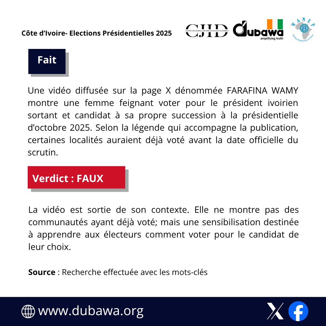 #CotedIvoire
Certaines localités de Côte d’Ivoire n’ont pas encore voté pour la présidentielle 2025.
La vidéo partagée montre une séance de sensibilisation, pas un vote anticipé.
Lien de l'article : dubawa.org/?p=25187
#FactCheck <a href="/WANEP_Regional/">WANEP_Regional</a> <a href="/WANEPCI/">WANEP COTE D'IVOIRE</a>