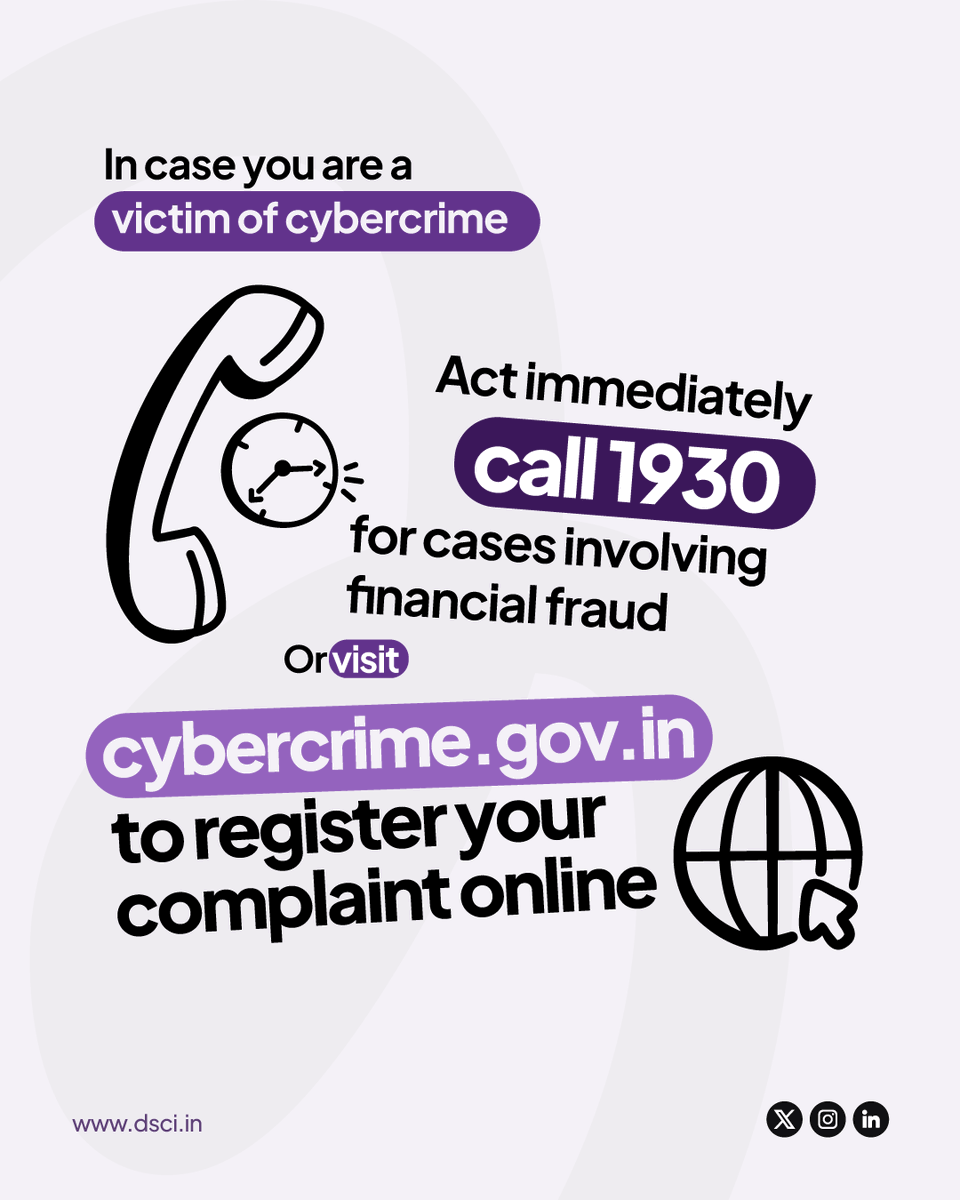 DSCI_Connect's tweet photo. #CyberMatters | Panic and confusion have never helped in redressal, whether in the real world or the digital realm. Know where and how to act if you become a victim of cybercrime.
#Cybercrime #Cyberawareness | @CRED_club @HDFCBank_Cares @IIFL_Finance @BLRAirport #Protectt.ai @providence