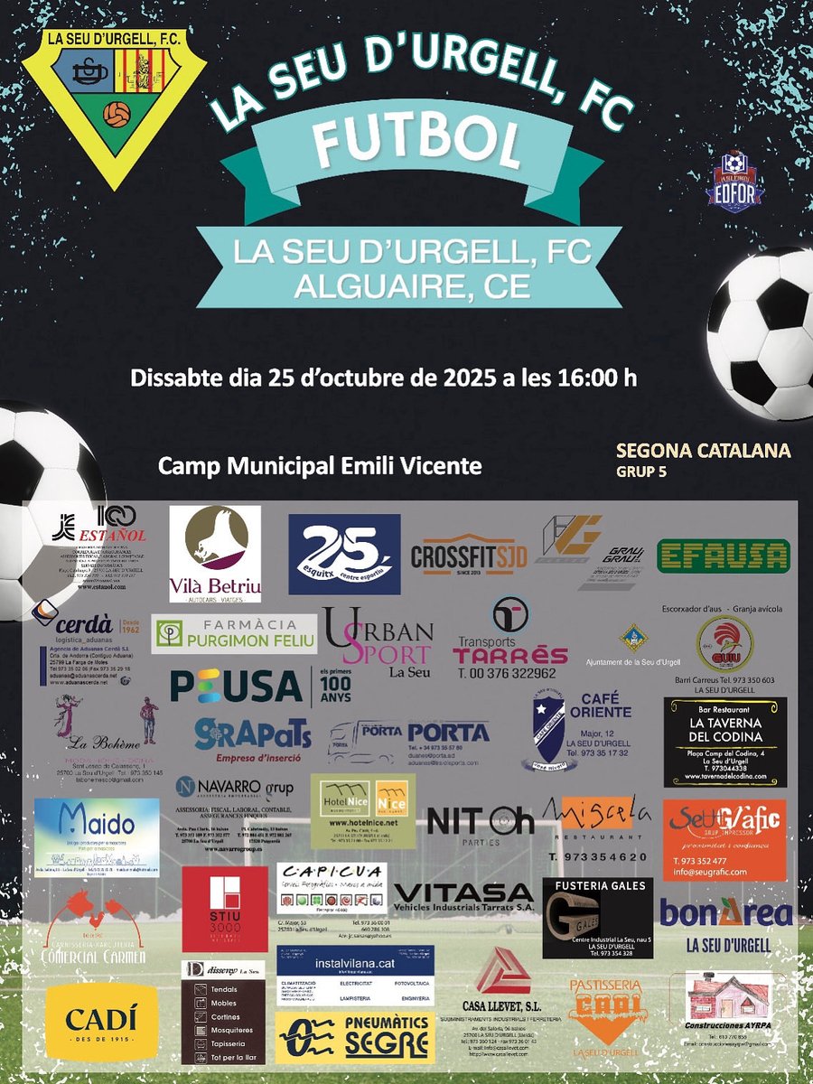 La Seu d'Urgell F.C. (@fclaseu) on Twitter photo Dsprs de sumar els primers 3 a fora, en volem més a CASA!
.
🏆 Jornada 6
📍La Seu d’Urgell
🏟 Municipal Emili Vicente
📅 Dissabte 25 d’octubre 
⏰16:00
⚽️ @laseufc - <a href="/alguairece/">CE Alguaire</a> 
Us ESPEREM a TOTS i TOTES! 
💙⚽️
.
#LaSeu #laseufc #goblues #somhiblaus  #temporada2025-26 Dsprs de sumar els primers 3 a fora, en volem més a CASA!
.
🏆 Jornada 6
📍La Seu d’Urgell
🏟 Municipal Emili Vicente
📅 Dissabte 25 d’octubre 
⏰16:00
⚽️ @laseufc - <a href="/alguairece/">CE Alguaire</a> 
Us ESPEREM a TOTS i TOTES! 
💙⚽️
.
#LaSeu #laseufc #goblues #somhiblaus  #temporada2025-26