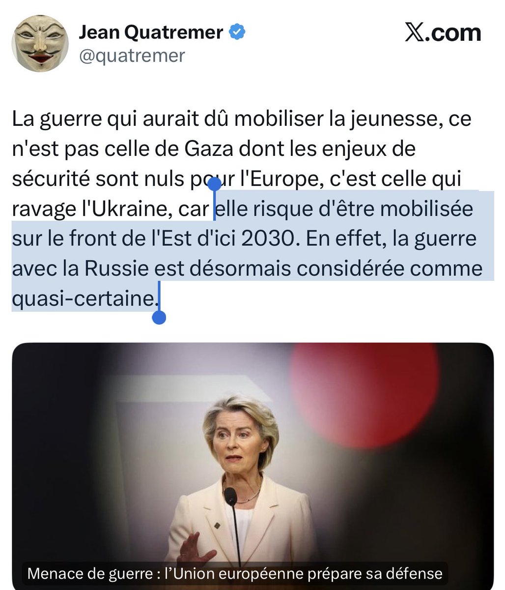 f_philippot's tweet image. Les eurogagas ont un message pour la jeunesse de France : va falloir aller au carton pour l’UE et l’OTAN, pour la corruption et le Mensonge !

⤵️

La guerre les fait jouir !

Envoyons ces fous au front, c’est leur place !