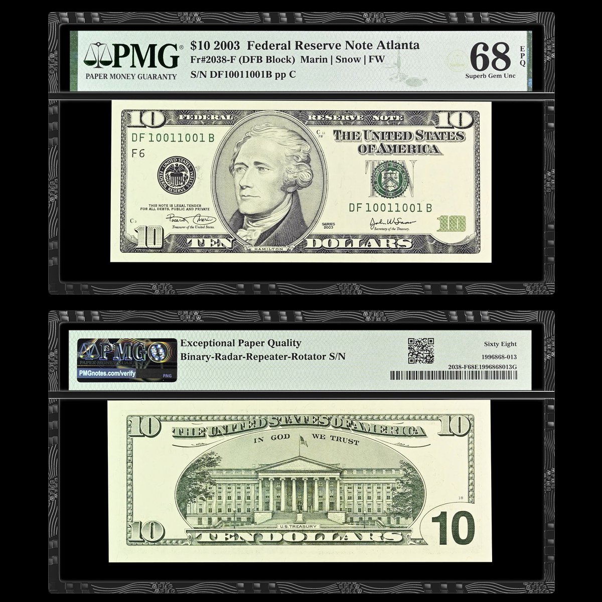 PMGnotes's tweet image. Note of the Day: For #FancyFriday, here is a 2003 $10 Federal Reserve Note that’s extra fancy! The serial number of 10011001 qualifies as Binary, Radar, Rotator and Repeater. This note is part of a @HeritageAuction sale ending soon: tinyurl.com/mu2dshvy #papermoney #rarenotes